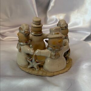 Ceramic Snowman Glazed Candle Holder, Blue & Cream Christmas/Winter Decor